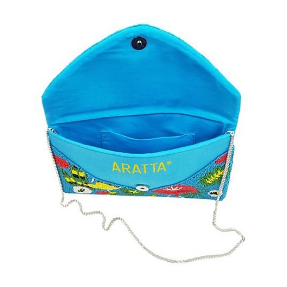 💕 ARATTA paradise hand embellished clutch flamingo print blue beaded NEW strap - Picture 4 of 7